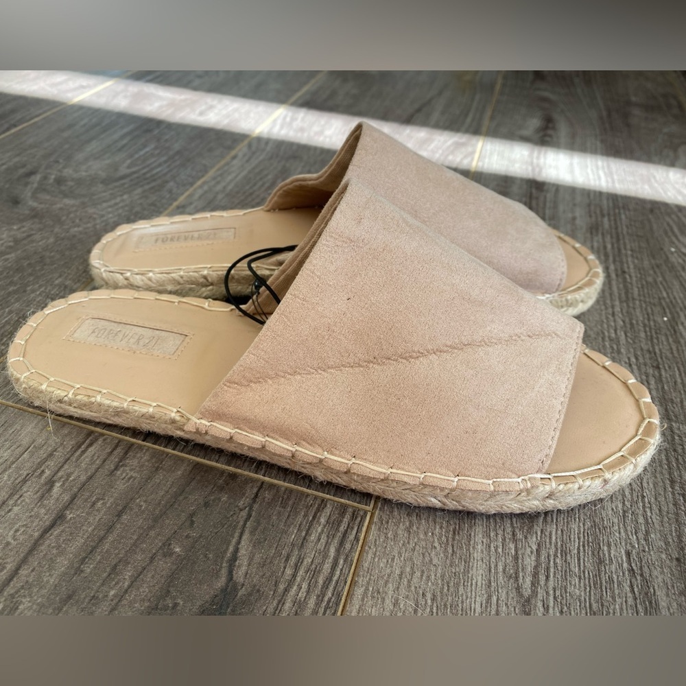 3/$15 Forever21 nude/ beige slide on faux suede sandals w/ straw cork base